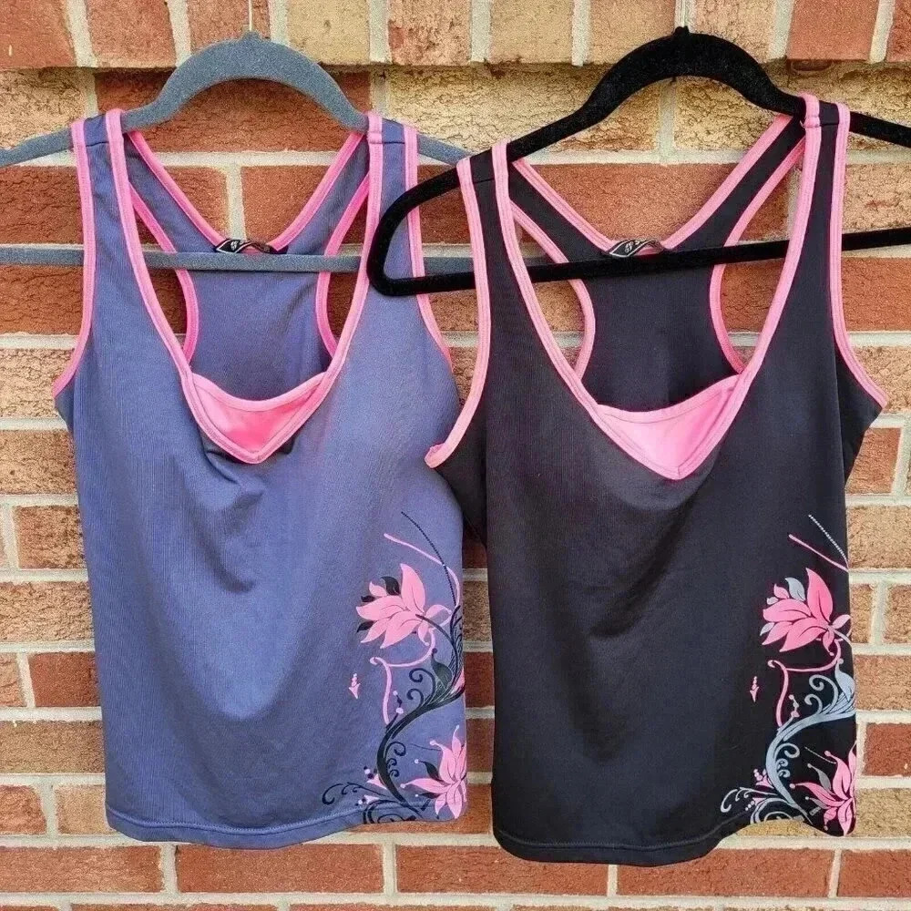 SOFO Tankini Top Women's Size Large Lot of 2 Grey and Black Built in Bra